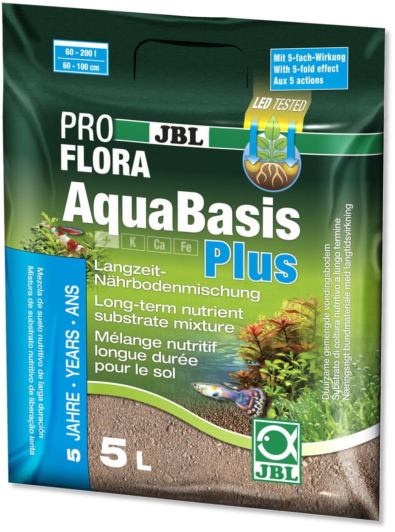 Sachet de substrat nutritif JBL Pro Flora AquaBasis Plus 5 L, mélange longue durée pour aquariums et terrariums, logo JBL.